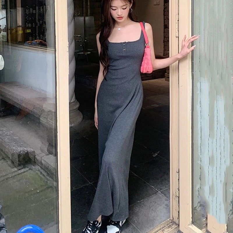 Rimocy Sexy Black Squre Collar Long Dress Women Summer Spaghetti Strap Beach Dresses Woman 2024 Buttons Sleeveless Maxi Sundress