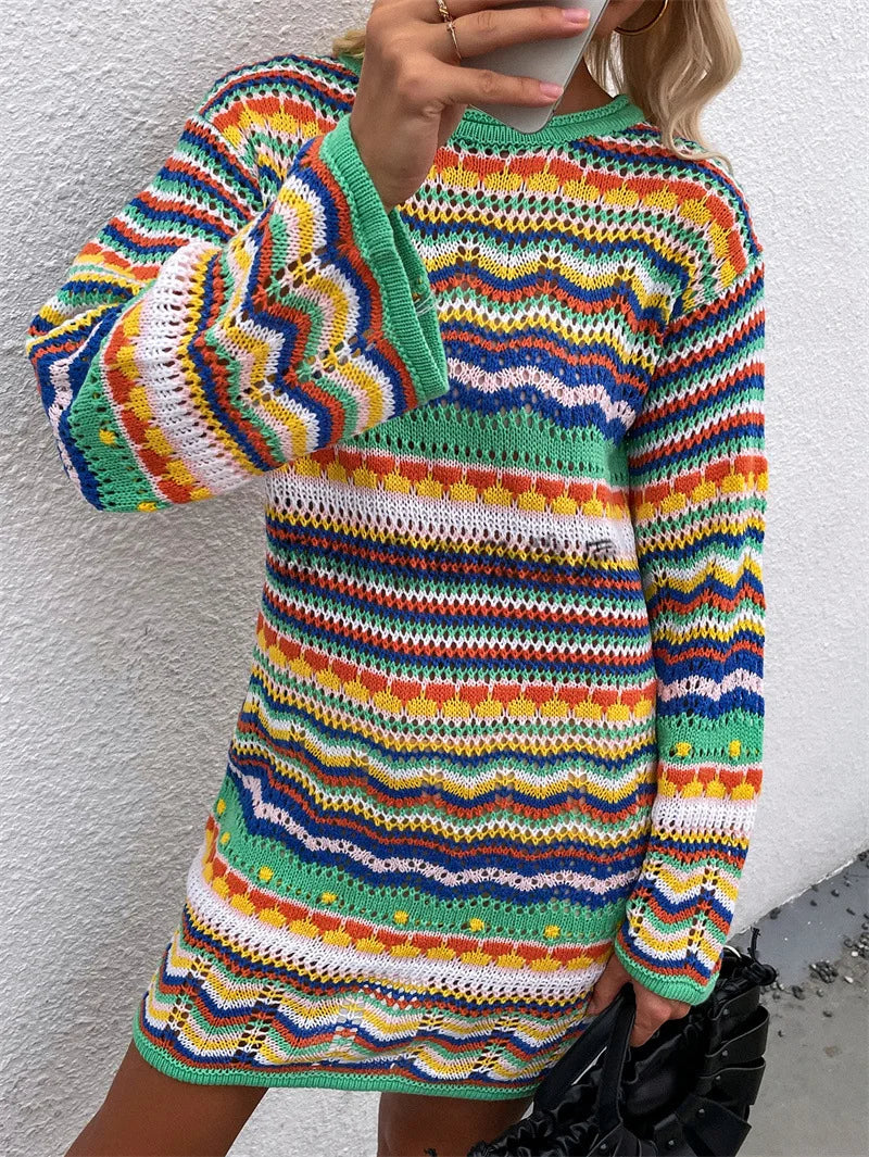 Rainbow Stripes Knitted Dresses Women Fashion Temperament Hollow Out Long Sleeve Pullover Sweater Dress Female Autumn Winter New