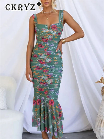 Ladies Summer Floral Print New Fashion Evening Party Dress Women Sleeveless Backless Maxi Dresses Birthday Clubwear Fall Outfits