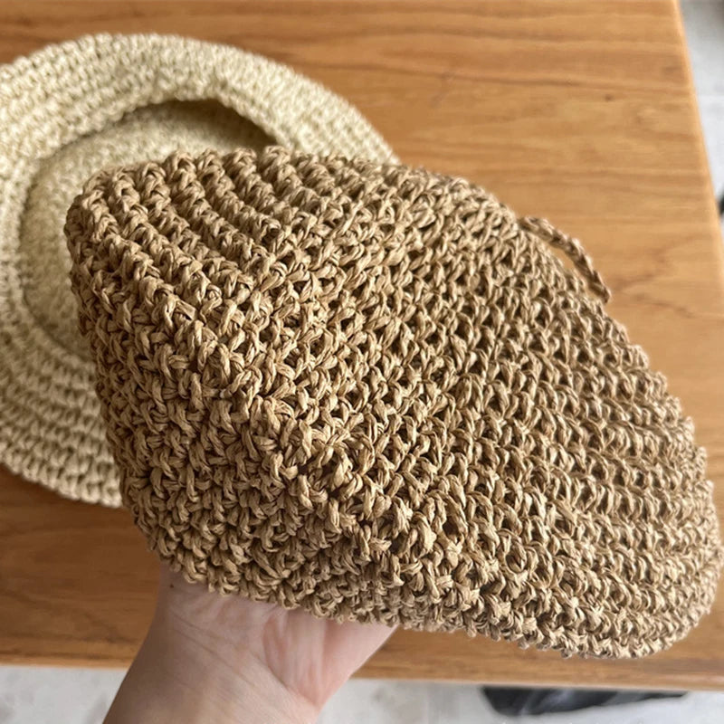 Summer Hat  Breathable Handmade Crochet Berets Caps for Women Fashion Mushroon Hat Black Straw Beret for Girl Bonnet