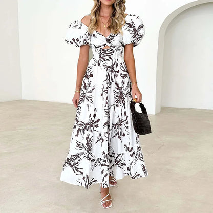 Cute Ladies Sundress Puff Sleeve Maxi Dress Elegant V Neck Backless Women Dress Summer Patchwork Sexy Hollow Out Beach Dresses