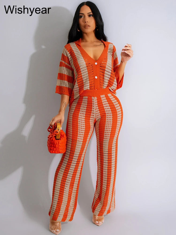 Summer Hollow Stripe Vacation Outfit for Women's Sexy Beach Lapel V Neck Half Sleeves Shirts and Wide Leg Pants Two 2 Piece Sets